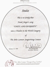 John Lennon Songwriting Contest Finalist Award in the World Music Category for Unity And Diversity 1998