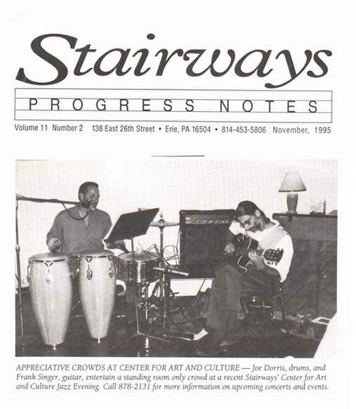 APPRECIATIVE CROWDS AT CENTER FOR ART AND CULTURE
Joe Dorris, drums, and Frank Singer, guitar, entertain a
standing-room only crowd at a recent Stairways' Center
for Art and Culture Jazz Evening.